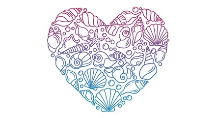 Heart-shaped outline illustration filled with various seashells and marine elements, gradient colors.