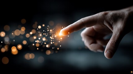 Human hand touching glowing particles, representing connection, innovation, and digital interaction.