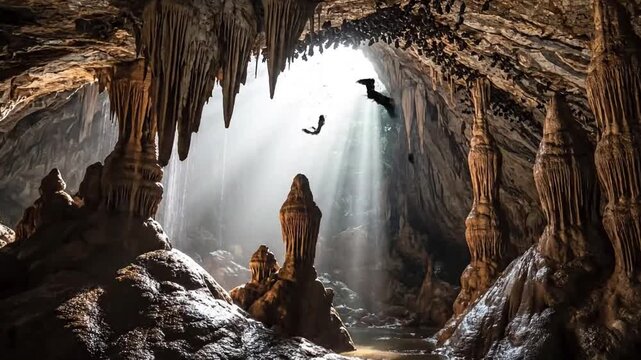 Subterranean wonders: Capturing the intricate formations of stalactites, stalagmites, columns, and flowstones illuminated by natural or subtle ambient light, emphasizing geological artistry and the pa