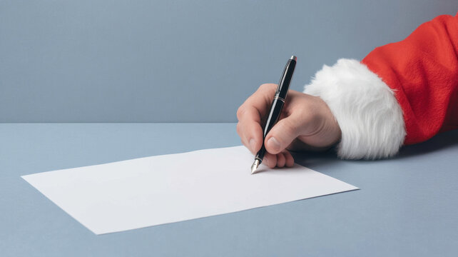 Christmas Santa Claus Boss Business Concept,Christmas santa boss writing letter with pen white paper during holiday season office desk wearing red