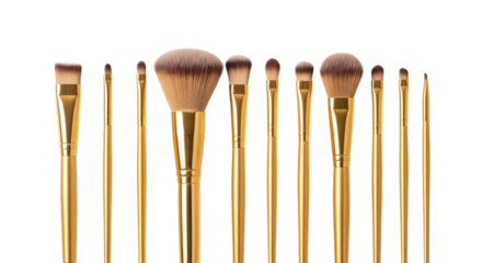 Collection of golden makeup brushes with fluffy and flat bristles arranged in a row isolated on a transparent background