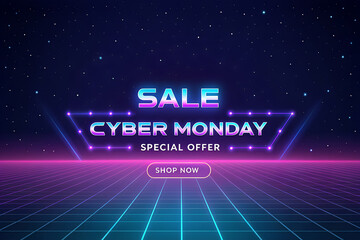 Cyber Monday sale graphic with neon lights, grid floor, and starry sky in retro-futuristic style. generative ai