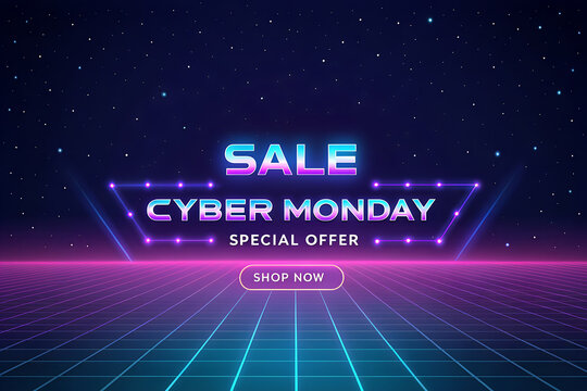 Cyber Monday sale graphic with neon lights, grid floor, and starry sky in retro-futuristic style. generative ai