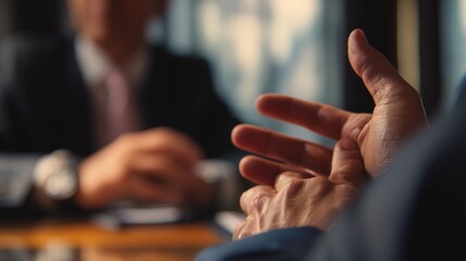 A close-up view shows a man using his hands to emphasize points during a discussion in a business meeting. The focused man speaks with another man seated at the table, enhancing co