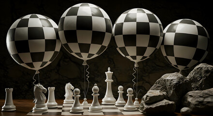 Chess pieces and checkerboard balloons create a surreal strategic game scene