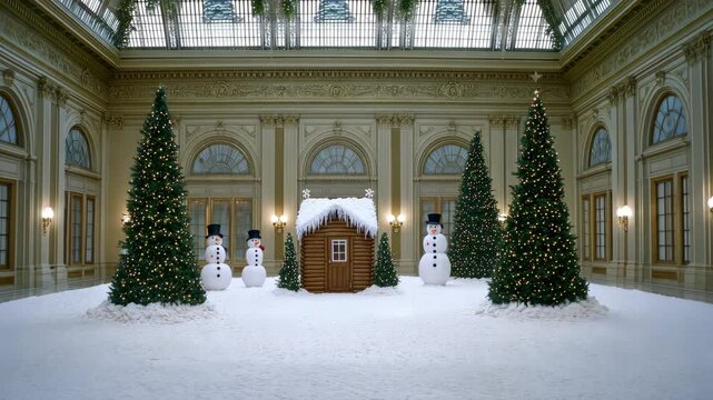 A beautiful indoor area transforms into a winter wonderland with snowmen and Christmas trees, creating a festive atmosphere