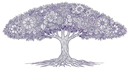 Intricate Pen and Ink Drawing of a Tree with Detailed Floral Canopy and Exposed Roots.