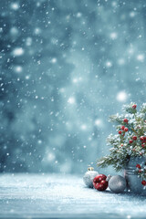  Winter Background with Small Christmas Tree and Baubles in Snowstorm  