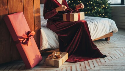 Person in red dress unwraps gifts by a Christmas tree in a cozy room during the holiday season in the evening light