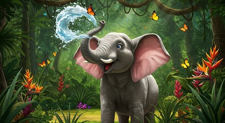 Joyful Baby Elephant Splashing Water in Lush Jungle with Butterflies and Exotic Flowers.