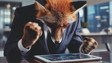 Fox in a suit looking stressed at stock market data on a tablet - Powered by Adobe