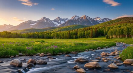 A serene mountain landscape with a flowing river and lush greenery, featuring a majestic mountain range in the background under a clear blue sky with scattered clouds.