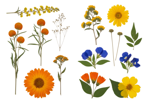 Collection of pressed flowers and green leaves in various colors and shapes isolated on a transparent background