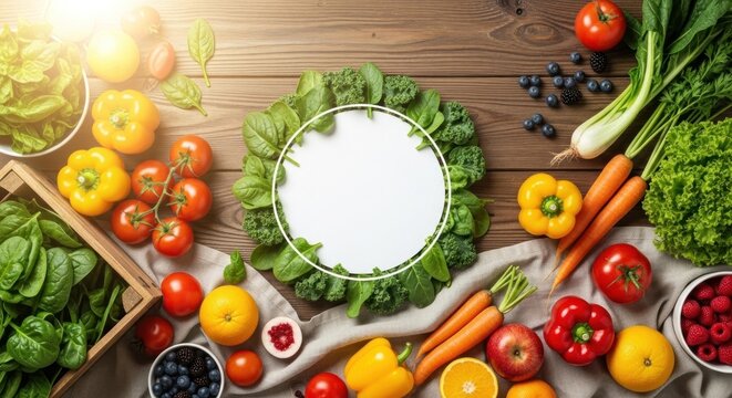 A wooden table with a variety of fresh vegetables and fruits, including tomatoes, carrots, and leafy greens, arranged in a circular pattern with a white circular frame in the center.