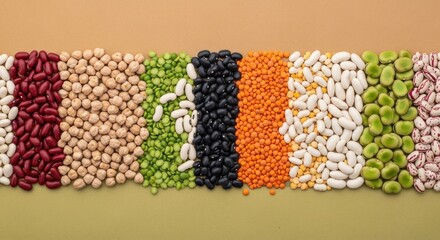 A colorful arrangement of beans and lentils on a green background.