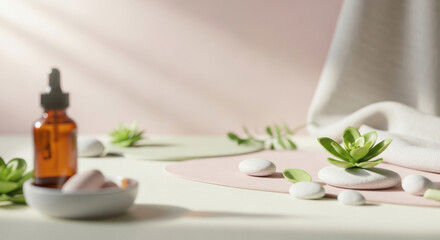 A serene spa setting with a succulent plant, stones, and a bottle of essential oil on a pink and beige background.
