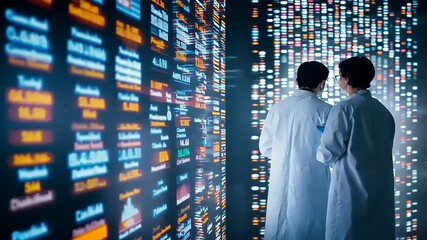 Two scientists in lab coats discuss data analysis in a high-tech research environment with digital displays - Powered by Adobe