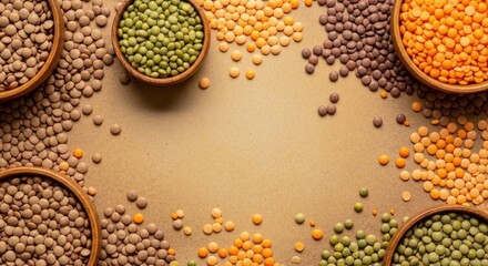 Various types of lentils arranged in a circular pattern on a rustic wooden surface.