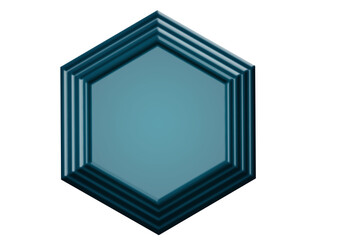A striking teal hexagonal frame with layered edges set against a stark black background creating a modern and geometric visual