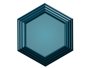 A striking teal hexagonal frame with layered edges set against a stark black background creating a modern and geometric visual