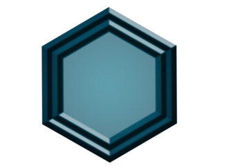 A stylized hexagonal emblem with a cool blue gradient featuring a raised metallic border and a dark background suggesting a digital or futuristic design element