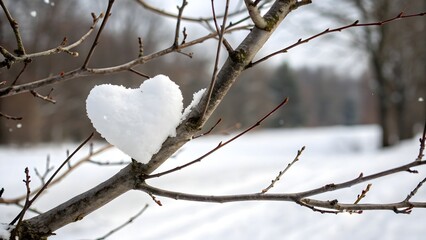 Heart shaped snow formation resting on winter tree branch in peaceful outdoor setting