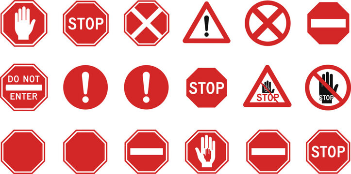 Large Vector Collection of Stop Signs, Prohibition Symbols, and Traffic Regulation Icons Including Hand Gestures, Warning Triangles, and Do Not Enter Symbols.