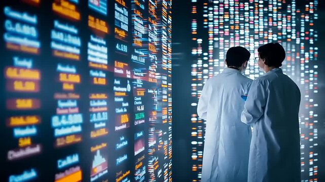 Two scientists in lab coats discuss data analysis in a high-tech research environment with digital displays - Powered by Adobe