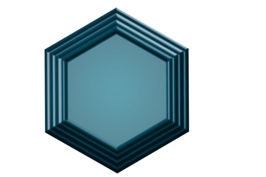 A striking teal hexagonal frame with layered edges set against a stark black background creating a modern and geometric visual
