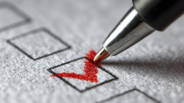 Close-up of pen marking red check on box, concept of decision making and completion,Commitment Day