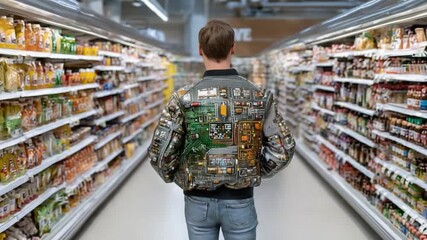 Digital Shopping: A shopper, seen from the back, explores a supermarket aisle, his jacket adorned with digital circuitry designs, highlighting the intersection of technology and consumerism. 