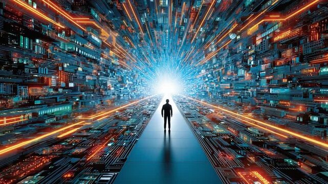 Navigating the Digital Realm: A lone individual stands at the crossroads of technology, embarking on a journey through a vast digital landscape, exploring innovation and technological potential.