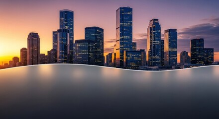 Fototapeta premium City skyline at sunset with modern skyscrapers and a calm water body in the foreground.
