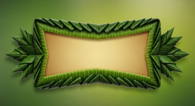 A vibrant green banner with a yellow center, adorned with a leafy border of banana leaves, against a green background.