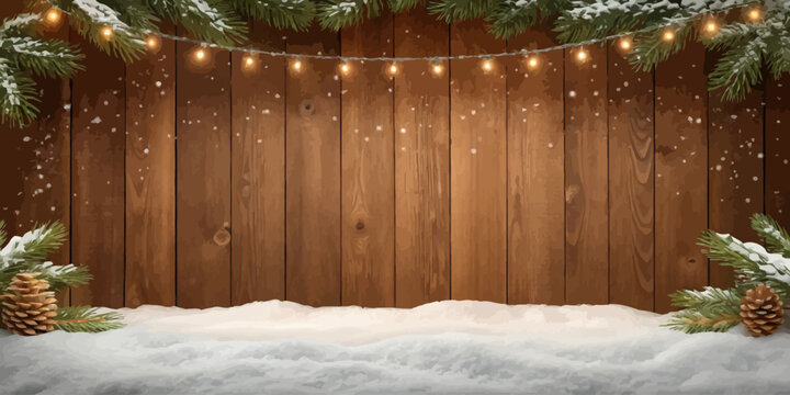 Vector christmas a wooden backdrop with snow pinecones and string lights for a winter holiday season scene setting mood