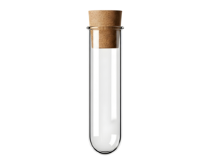 Glass test tube with white powder and cork isolated on transparent background