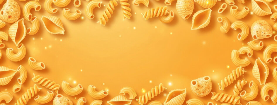 A colorful array of pasta shapes on a vibrant orange background.
