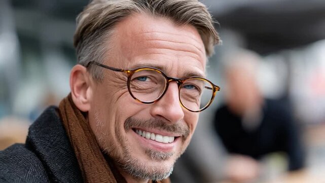 Modern Man's Candid Smile: An attractive man, framed by stylish glasses and a subtle scarf, beams a genuine smile, radiating approachability and a warmth that speaks volumes.