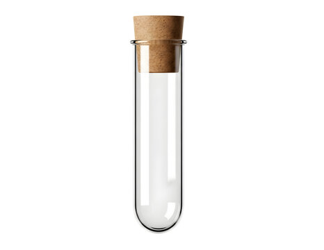 Glass test tube with white powder and cork isolated on transparent background