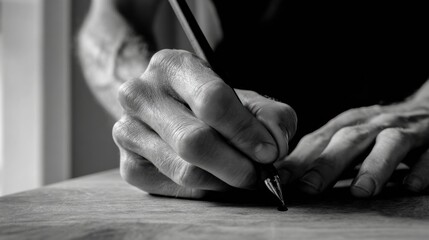 Black and white closeup of a hand holding a pen for writing theme,Commitment Day