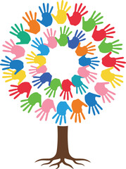 Conceptual artwork of a rooted tree with a canopy made of many colored hand silhouettes, signifying environmental and humanitarian efforts.