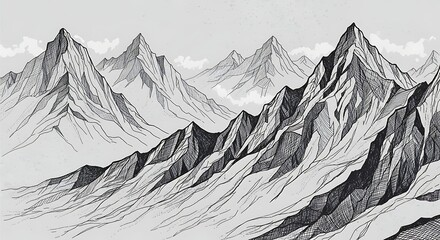 Majestic Mountain Range Sketch with Detailed Peaks and Valleys.