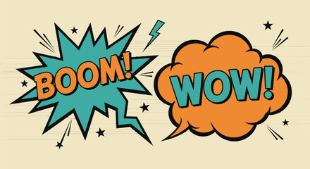Comic style speech bubbles with boom and wow text, pop art explosion effect Vector