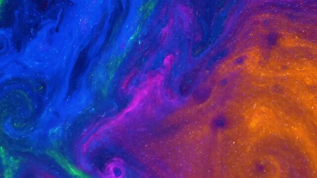 Dynamic interplay of highly saturated, glowing organic pigments swirling and merging in a fluid, bioluminescent ecosystem. Exploration of the spontaneous chemical reactions creating intense,?