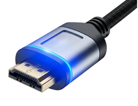 Close up of a blue illuminated hdmi cable connector isolated on transparent background