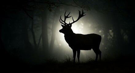 Majestic Stag Silhouette in Eerie Forest Glow.