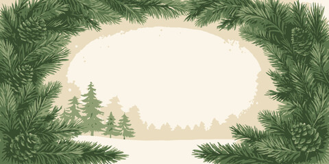 Vector christmas illustration of a winter scene with pine branches and pine cones framing a snowy forest landscape