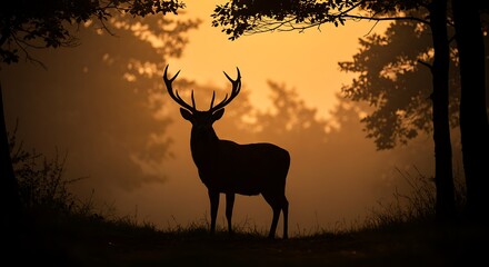 Majestic Stag Silhouette Against a Fiery Sunset in a Misty Forest.