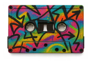 Cassette tape with vibrant street art graffiti design creating a retro music and pop culture concept, transparent background