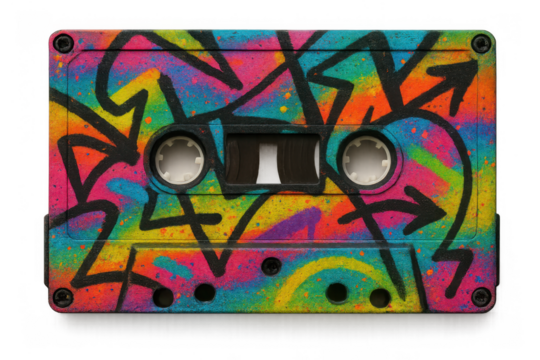Cassette tape with vibrant street art graffiti design creating a retro music and pop culture concept, transparent background